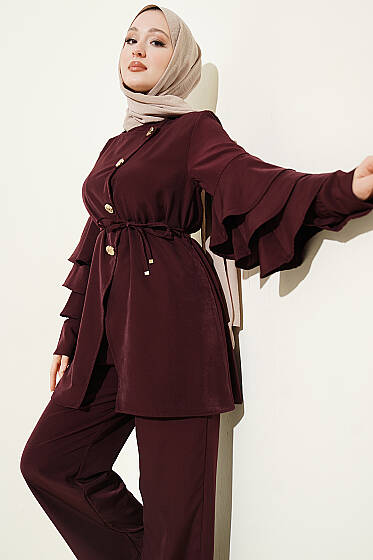 Kolları Fırfırlı Düğmeli İkili Takım Mürdüm - İkili Takım