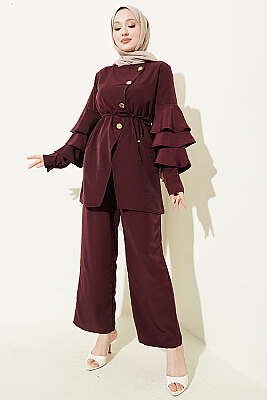 Kolları Fırfırlı Düğmeli İkili Takım Mürdüm - İkili Takım