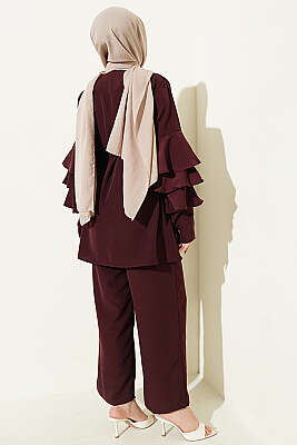 Kolları Fırfırlı Düğmeli İkili Takım Mürdüm - İkili Takım