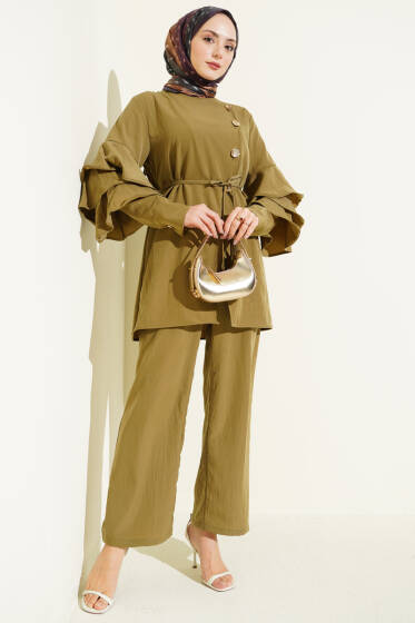 Kolları Fırfırlı Düğmeli İkili Takım Yağ Yeşili - İkili Takım