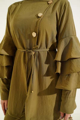 Kolları Fırfırlı Düğmeli İkili Takım Yağ Yeşili - İkili Takım