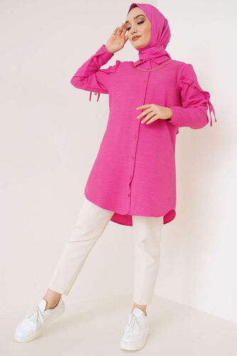 Kolları Fırfırlı İp Bağlamalı Gömlek Fuşya - Gömlek