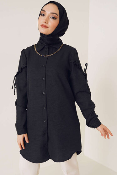 Kolları Fırfırlı İp Bağlamalı Gömlek Siyah - Gömlek