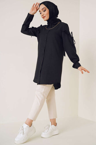 Kolları Fırfırlı İp Bağlamalı Gömlek Siyah - Gömlek