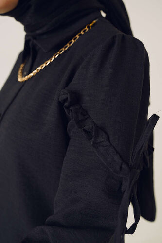 Kolları Fırfırlı İp Bağlamalı Gömlek Siyah - Gömlek