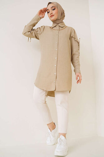 Kolları Fırfırlı İp Bağlamalı Gömlek Vizon - Gömlek