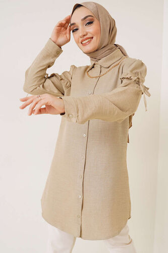 Kolları Fırfırlı İp Bağlamalı Gömlek Vizon 