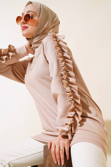 Kolları Fırfırlı Zincirli Tunik Bej - Tunik