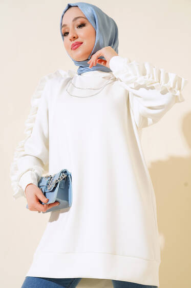 Kolları Fırfırlı Zincirli Tunik Ekru - Tunik