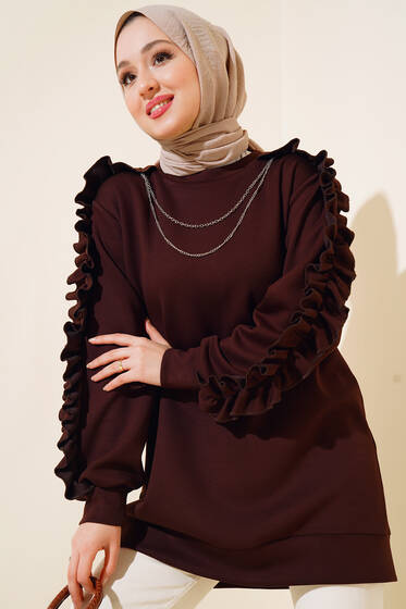 Kolları Fırfırlı Zincirli Tunik Kahve - Tunik