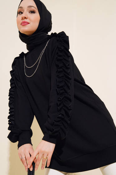 Kolları Fırfırlı Zincirli Tunik Siyah - Tunik