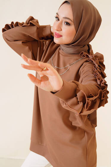 Kolları Fırfırlı Zincirli Tunik Vizon - Tunik