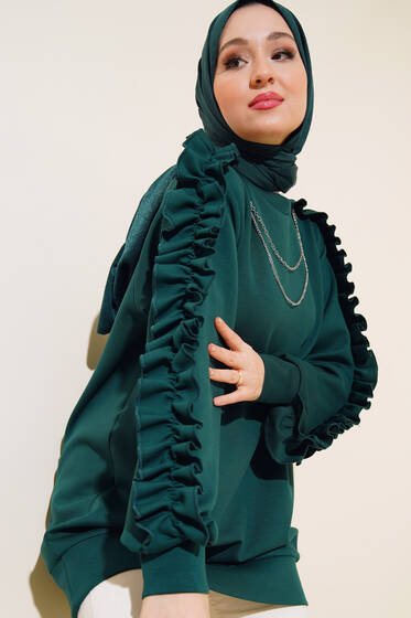 Kolları Fırfırlı Zincirli Tunik Zümrüt Yeşili - Tunik