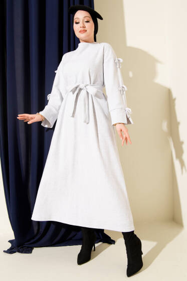 Kolları Fiyonk Detaylı Selanik Elbise Gri - Elbise