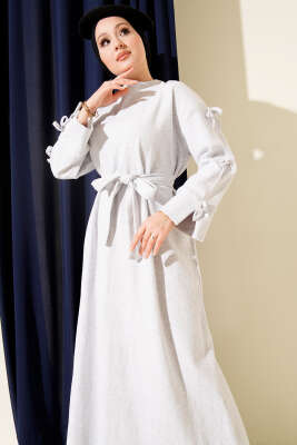 Kolları Fiyonk Detaylı Selanik Elbise Gri - Elbise