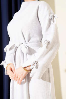 Kolları Fiyonk Detaylı Selanik Elbise Gri - Elbise