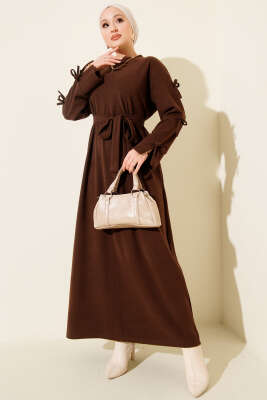 Kolları Fiyonk Detaylı Selanik Elbise Kahve - DUFON