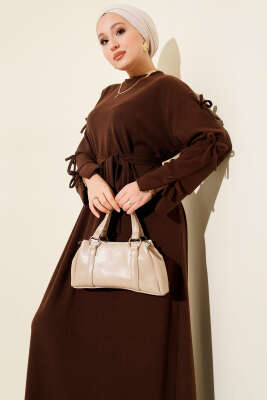 Kolları Fiyonk Detaylı Selanik Elbise Kahve - Elbise