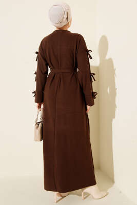 Kolları Fiyonk Detaylı Selanik Elbise Kahve - Elbise