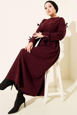 Kolları Fiyonk Detaylı Selanik Elbise Mürdüm - DUFON