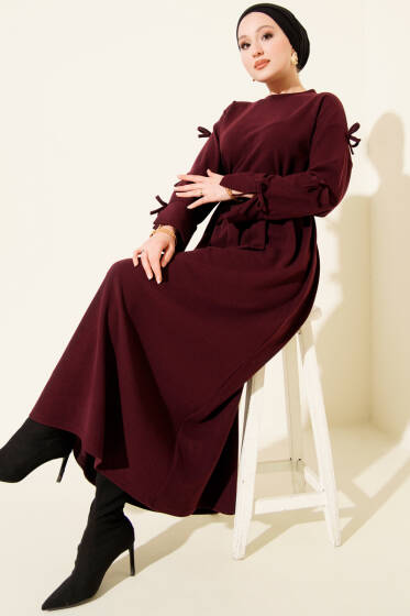 Kolları Fiyonk Detaylı Selanik Elbise Mürdüm - Elbise