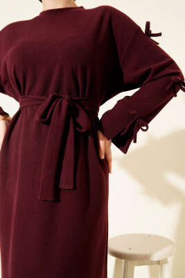 Kolları Fiyonk Detaylı Selanik Elbise Mürdüm - Elbise