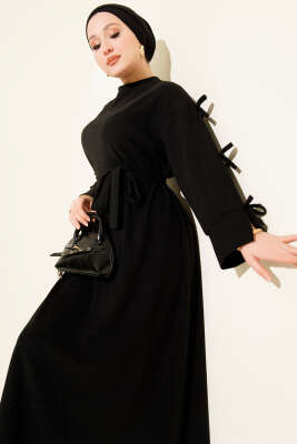 Kolları Fiyonk Detaylı Selanik Elbise Siyah - DUFON