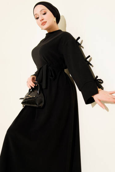 Kolları Fiyonk Detaylı Selanik Elbise Siyah - Elbise