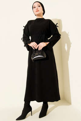 Kolları Fiyonk Detaylı Selanik Elbise Siyah - Elbise