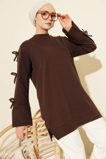 Kolları Fiyonk Detaylı Tunik Kahve - Tunik