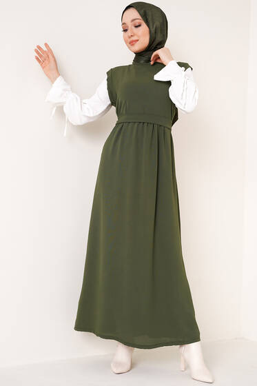 Kolları Garnili Elbise Haki - Tesettür Elbise