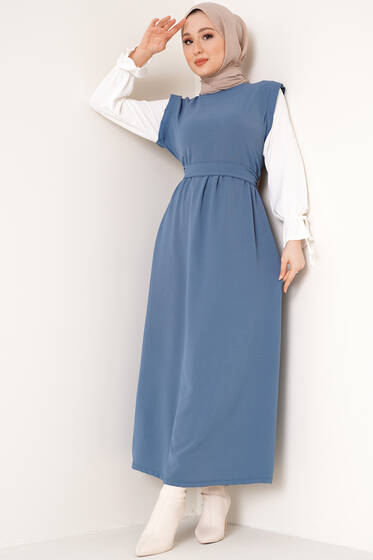 Kolları Garnili Elbise İndigo - Tesettür Elbise