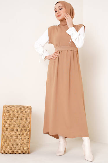 Kolları Garnili Elbise Latte - Tesettür Elbise