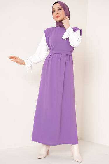 Kolları Garnili Elbise Lila - Tesettür Elbise