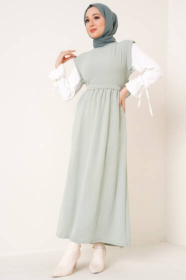 Kolları Garnili Elbise Mint - Tesettür Elbise