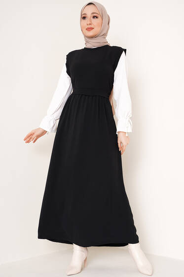 Kolları Garnili Elbise Siyah - Tesettür Elbise