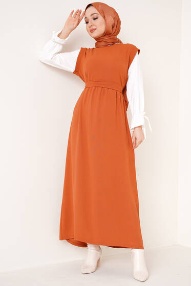 Kolları Garnili Elbise Taba - Tesettür Elbise