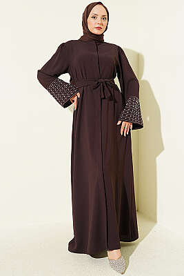 Kolları İnci Süslemeli Abaya Kahve - EFSUN MODA