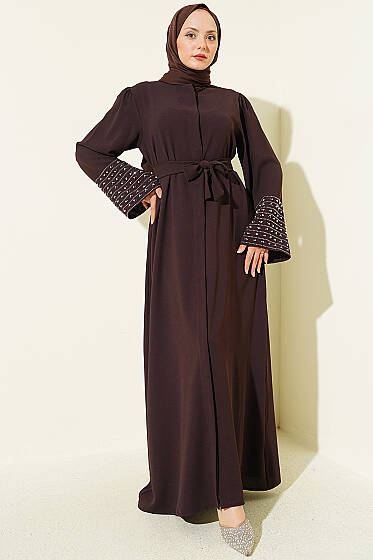 Kolları İnci Süslemeli Abaya Kahve - Elbise