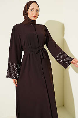 Kolları İnci Süslemeli Abaya Kahve - Elbise