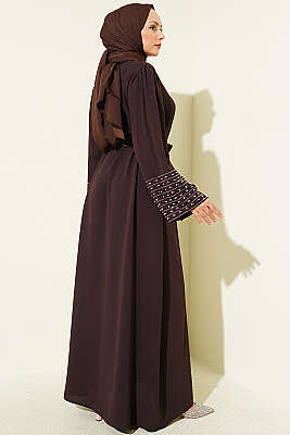 Kolları İnci Süslemeli Abaya Kahve - Elbise