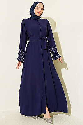 Kolları İnci Süslemeli Abaya Lacivert - EFSUN MODA