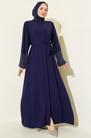 Kolları İnci Süslemeli Abaya Lacivert - Elbise