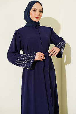 Kolları İnci Süslemeli Abaya Lacivert - Elbise