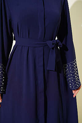 Kolları İnci Süslemeli Abaya Lacivert - Elbise
