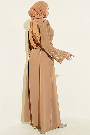 Kolları İnci Süslemeli Abaya Latte - Elbise