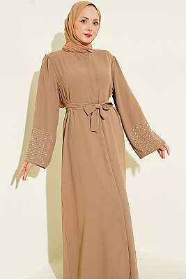 Kolları İnci Süslemeli Abaya Latte - Elbise