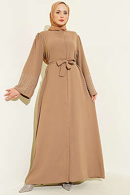Kolları İnci Süslemeli Abaya Latte - Elbise
