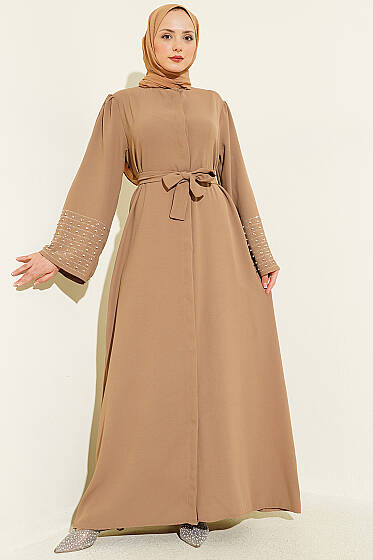 Kolları İnci Süslemeli Abaya Latte - Elbise