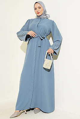 Kolları İnci Süslemeli Abaya Kayrak Grisi - EFSUN MODA